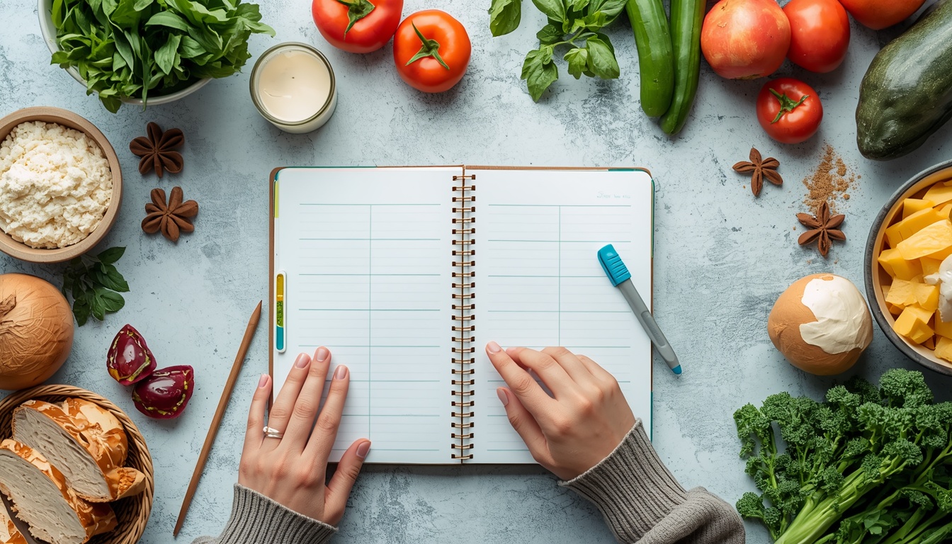 Person planning meals with fresh ingredients and notebook